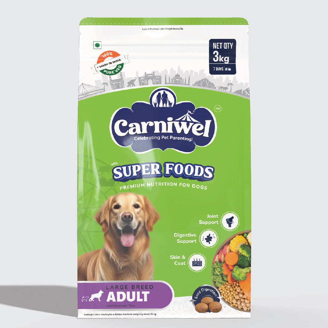 Carniwel Dry Dog Food with superfoods for adult dogs. 100% vegetarian, ideal for large-breed dogs & pedigree dog. Healthy dog food