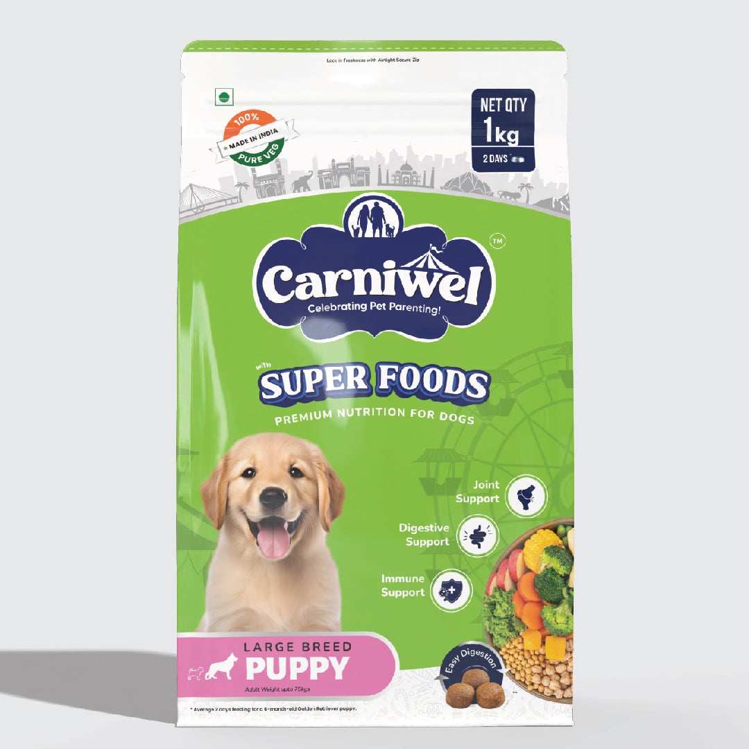 Carniwel Dry Dog Food with superfoods for Puppy. 100% vegetarian, ideal for large-breed dogs & pedigree dog. Healthy dog food
