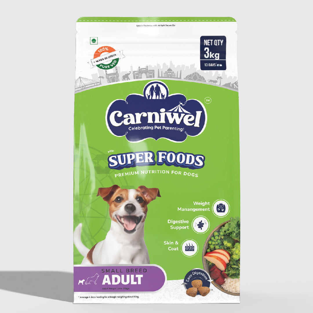 Carniwel Dry Dog Food with superfoods for adult dogs. 100% vegetarian, ideal for small-breed dogs & pedigree dogs