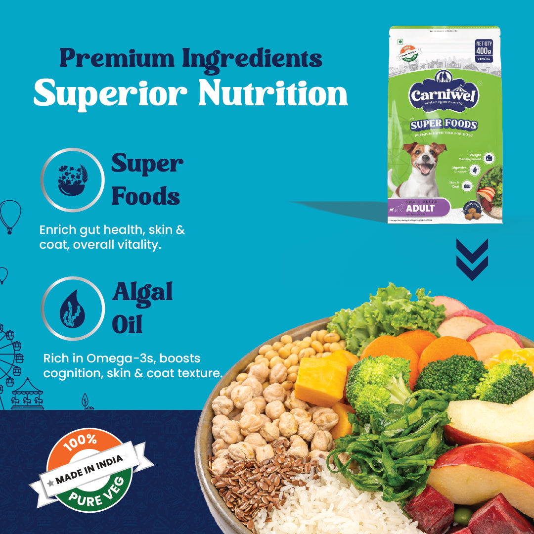 Carniwel Veg Dry Dog Food with premium ingredients- algal oil, spirulina, flaxseeds, seaweed, & vegetable protein.