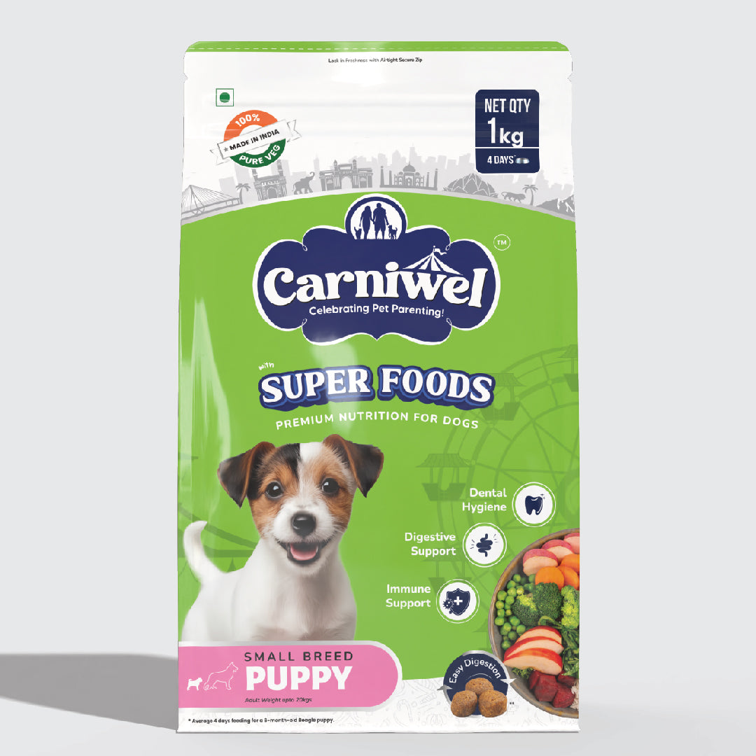 Carniwel Dry Dog Food with superfoods for Puppy. 100% vegetarian, ideal for small-breed dogs & pedigree dog. Healthy dog food
