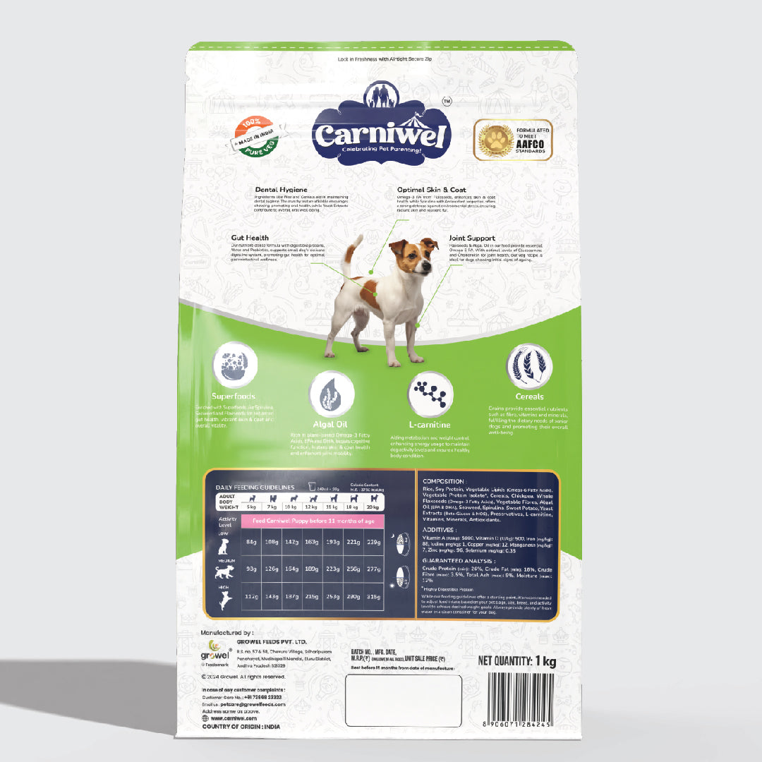Carniwel Dry Dog Food with superfoods for puppy formulated as per AAFCO standards. Premium & healthy dog food.