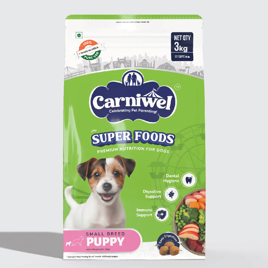 Carniwel Dry Dog Food with superfoods for Puppy. 100% vegetarian, ideal for small-breed dogs & pedigree dog. Healthy dog food