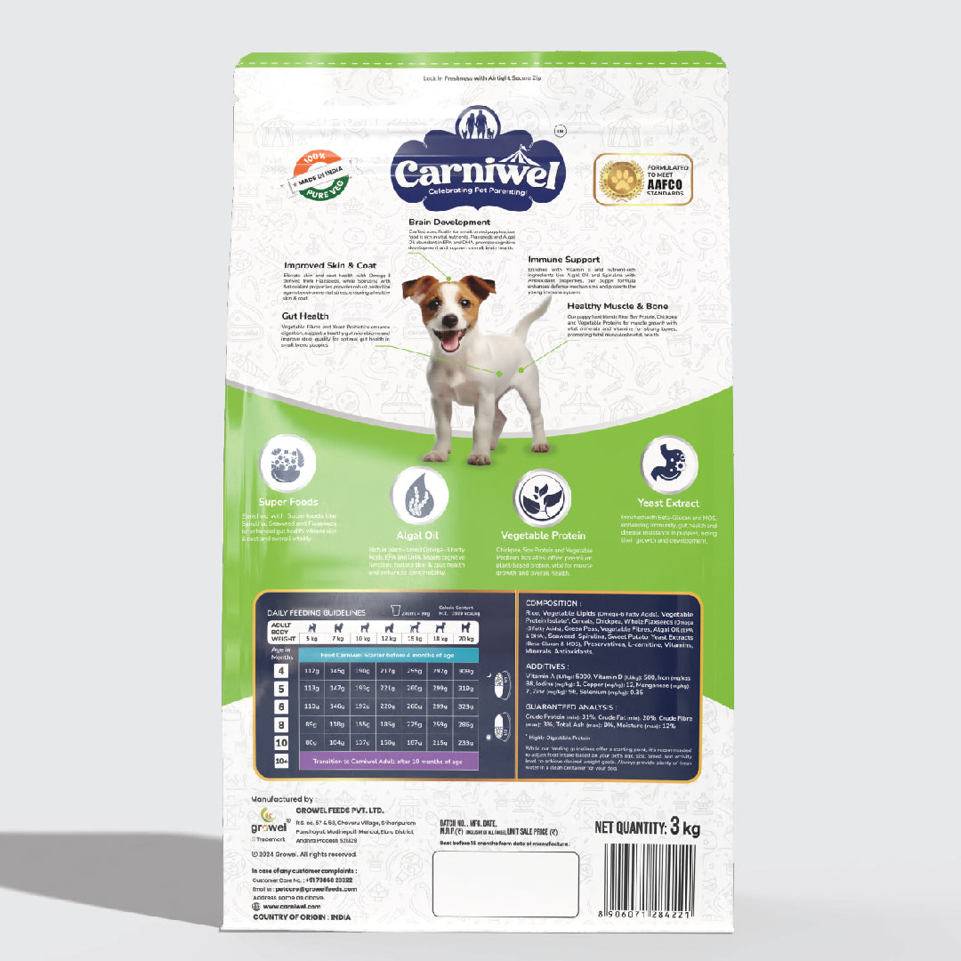 Carniwel Dry Dog Food with superfoods for puppy formulated as per AAFCO standards. Premium & healthy dog food.
