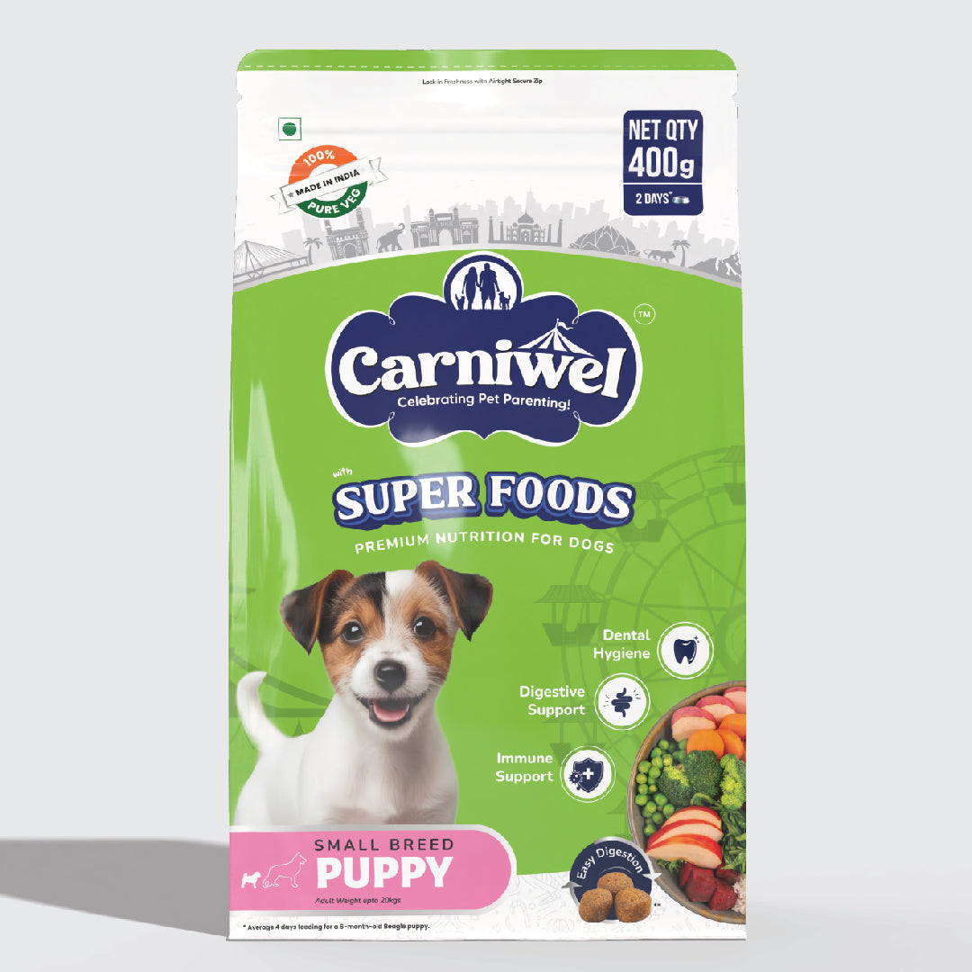Carniwel Dry Dog Food with superfoods for Puppy. 100% vegetarian, ideal for small-breed dogs & pedigree dog. Healthy dog food
