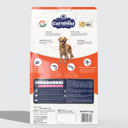 Carniwel Dry Dog Food with Fresh Chicken for Adult Dogs formulated as per AAFCO standards. Premium & Healthy Dog Food.
