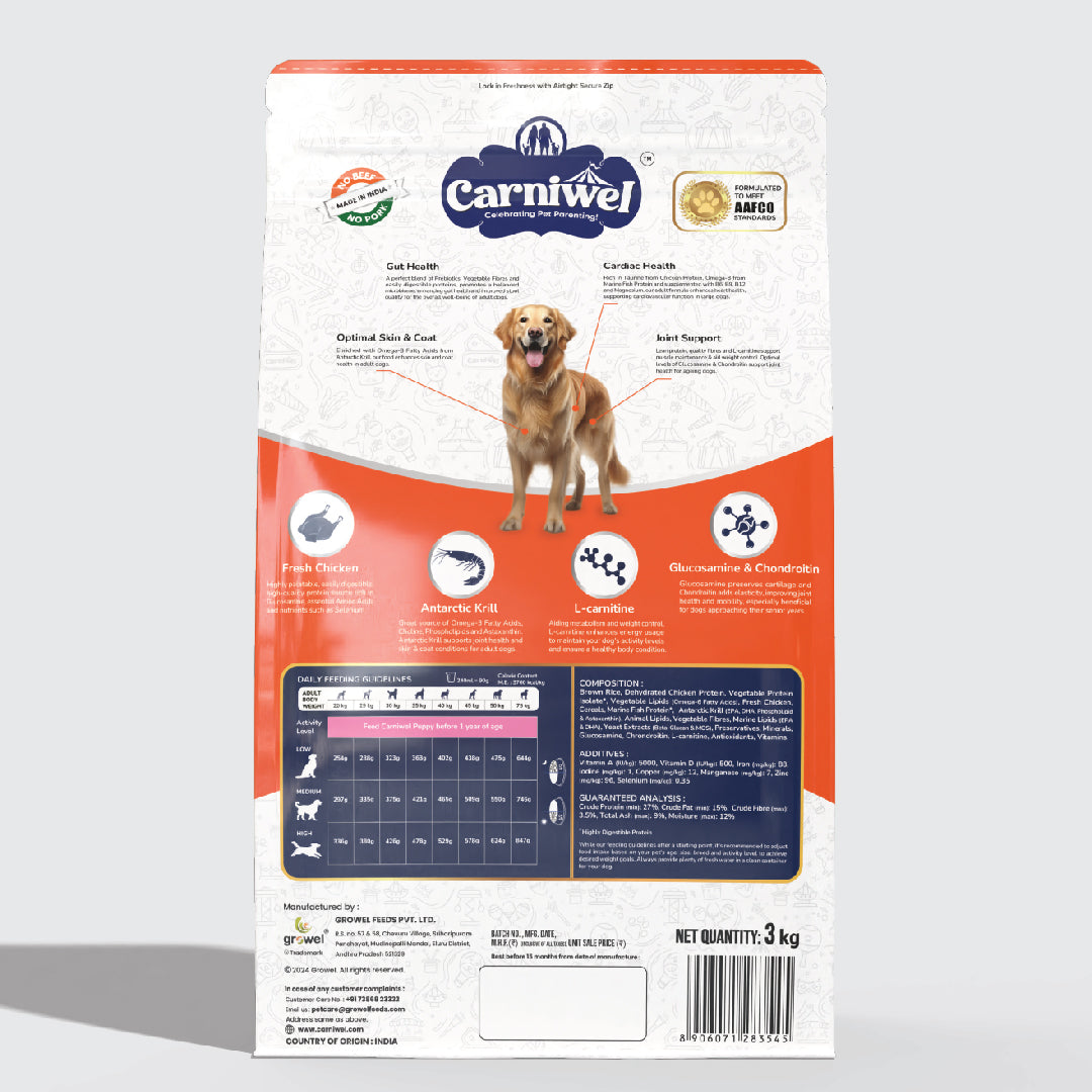 Carniwel Dry Dog Food with Fresh Chicken for Adult Dogs formulated as per AAFCO standards. Premium & Healthy Dog Food.